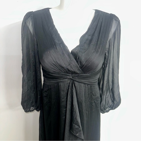 Black Ruffled Tiered Gown with V-Neck and Bishop Sleeves - Picture 3 of 10